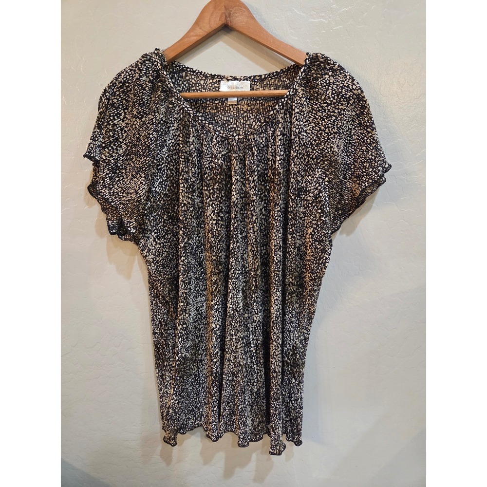 Dressbarn Woman 3XL Short Sleeve Pleated Mosaic Print Blouse Black White Tan Top